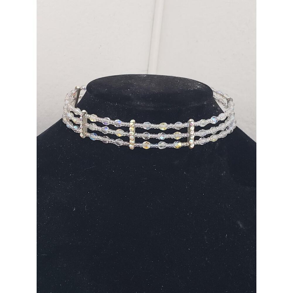 Vintage Aurora Borealis AB Crystal 3 Strand Choker Necklace Rhinestone